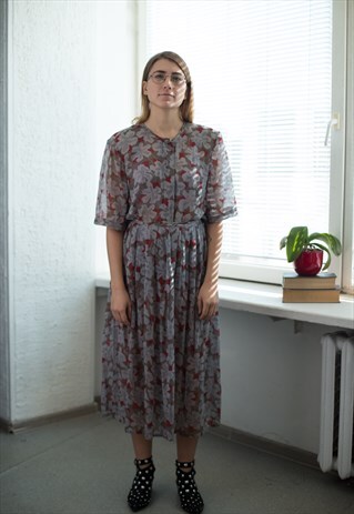 VINTAGE 80'S GREY PATTERNED BLOUSE AND SKIRT CO-ORDINATE