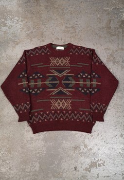 Vintage Abstract Knitted Jumper Burgundy Patterned Grandad