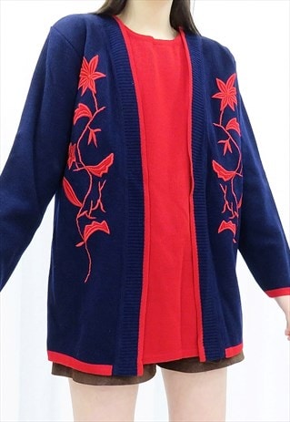 80s Vintage Navy & Red Floral Cardigan Set (Size L)