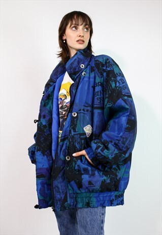 VINTAGE 80'S BRUGI OVERSIZE SKI JACKET IN NAVY BLUE LARGE