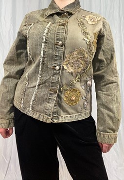 Y2K grey distressed denim jacket with floral embroidery