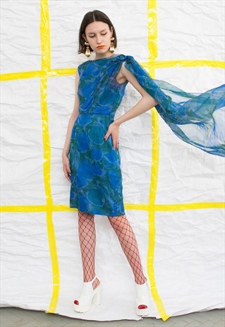 VINTAGE 80S BLUE ASYMMETRICAL PROM MIDI DRESS