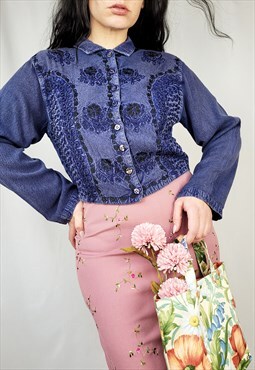 Vintage 90s dark blue embroidered boho shirt blouse