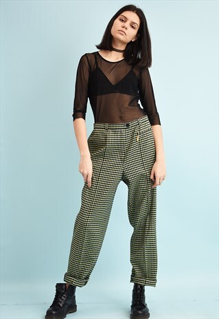 90'S RETRO LOOSE TARTAN CHECKED REGULAR WAIST TROUSERS