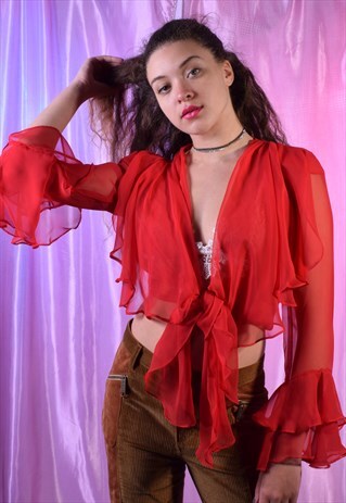 VINTAGE Y2K MAGIC LIFE RED CHIFFON TOP