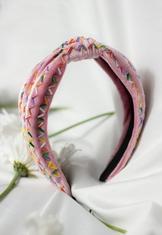 PINK SPRINKLE BEADED TWIST KNOT HEADBAND