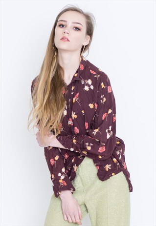 VINTAGE MAROON FLORAL PATTERNED LONG SLEEVE RETRO SHIRT
