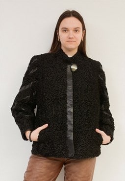 Vintage Pels Women's M L Leather Fur Coat Jacket Black Short