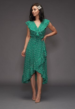 ALIYA POLKA DOT WRAP DRESS GREEN