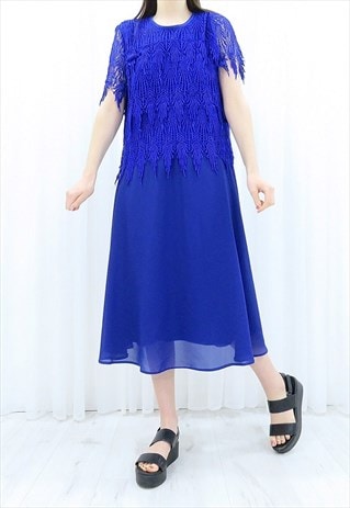 80s Vintage Blue Lace Midi Dress (Size L)