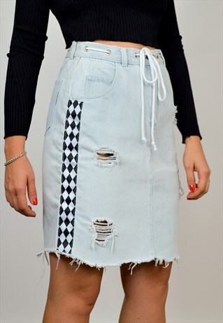 REWORKED DENIM SKIRT W29 REWORKED LACE MINI CUT OFF BLUE M