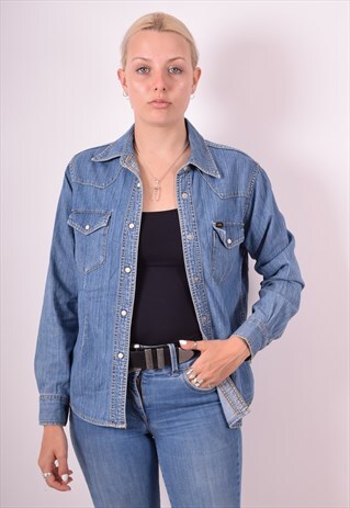 LEE WOMENS VINTAGE DENIM SHIRT MEDIUM BLUE 90S