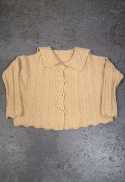 Vintage Knitted Patterned Cardigan Beige Cable Knit Cropped