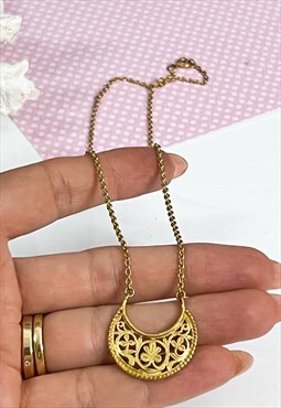 1980's Gold Filigree Crescent Necklace