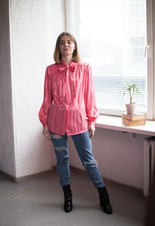 VINTAGE 70'S PINK STRIPED BOW BLOUSE