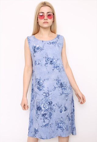 VINTAGE 90S BLUE FLORAL PRINT MIDI DRESS