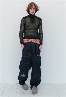 Vintage Y2K techno/rave oversize cargo trousers in navy blue