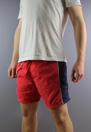 VINTAGE FILA SHORTS IN RED WITH POCKETS, EMBROIDERED LOGO AN