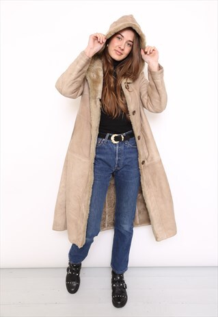VINTAGE 80S BROWN SHEEPSKIN SHEARLING HOODED COAT