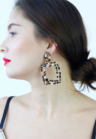 BLACK GOLD DIAMANTE RHINESTONE DROP DANGLE EARRINGS