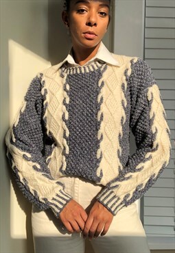 Vintage handmade twist cable knit jumper in cream and blue.