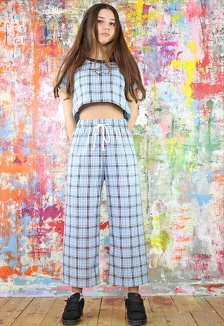DRAWSTRING CROP TROUSERS CROP TOP CO-ORDINATES IN BLUE CHECK