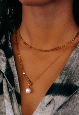 Layered Necklace Set With 18k Gold Rectangle Chain Links