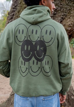 Hoodie in Military Green with 90s Rave Smiley Print