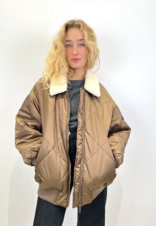 QUILTED SATIN BOMBER IN MOKA 