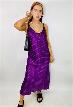 Vintage 00s Y2K Purple Satin Polka Dot Maxi Summer Dress
