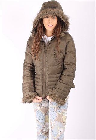 VINTAGE 90S GUESS PUFFER PADDED COAT WITH FAUX FUR TRIM