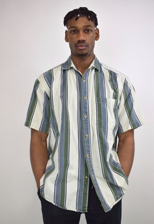VINTAGE 90S BLUE GREEN CREAM STRIPE SHIRT