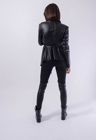 BLACK FAUX LEAHTER JACKET ZIPPER CROPPED BLAZER F1825