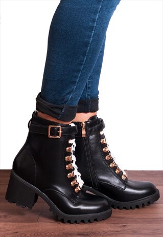 HIKING CHUNKY BUCKLE BLOCK HEELED WHITE LACES ANKLE BOOTS