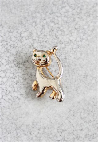 CAT GOLD GREEN EYES BROOCH