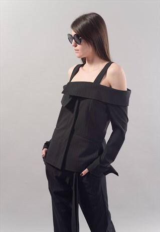 BLACK STRIPE BLAZER/COAT/JACKET WITH OPEN SHOULDER/F1811