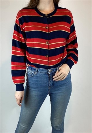 VINTAGE BURBERRYS RED STRIPE BUTTON-UP SWEATER