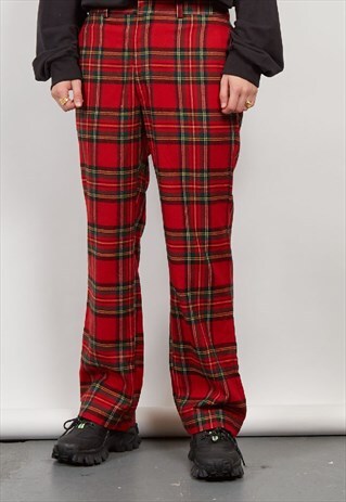 VINTAGE 80'S RED TARTAN CHECK WOOL TROUSERS