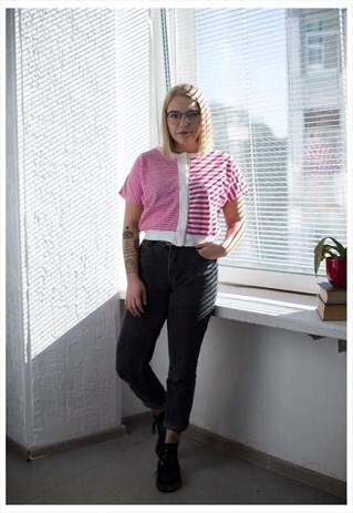 VINTAGE 80'S WHITE/PINK CROPPED SHORT SLEEVED TOP