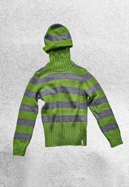 y2k green grey stripe turtleneck jumper