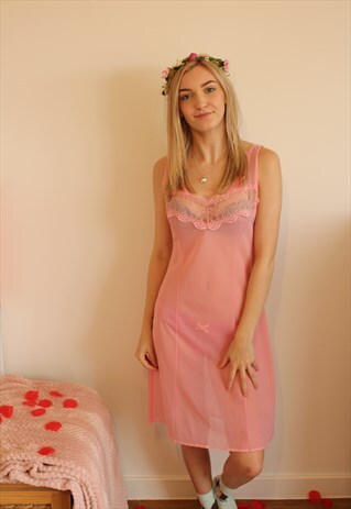 VINTAGE NIGHTDRESS PINK MESH FLORAL LACE BRIDAL SLIP DRESS