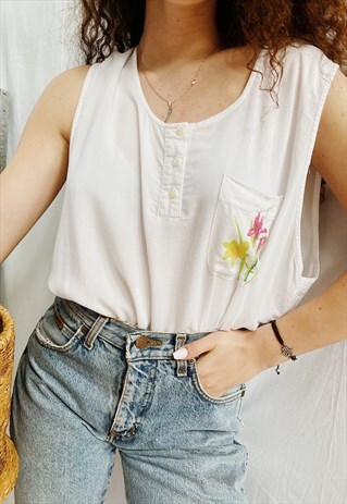 VINTAGE 80S IRIS TULIP DAFFODIL FLORAL BLOUSE TUNIC TOP BOHO
