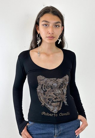 VINTAGE Y2K STUDS TIGER STRETCHY LONG SLEEVED TOP 