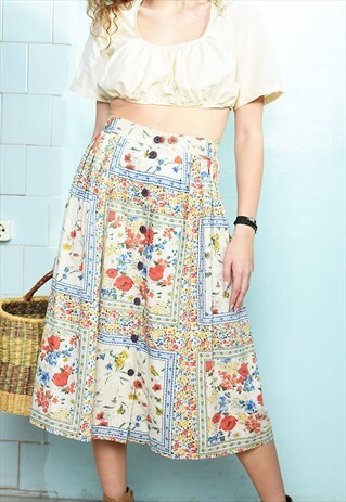 VINTAGE 70S BOHO COUNTRYSIDE FLORAL MILKMAID MAXI SKIRT