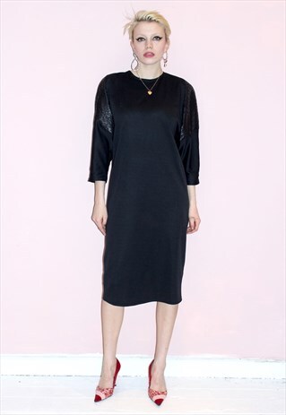 80S VINTAGE BLACK COCOON DRESS ANIMAL SLEEVE BATWING MIDI