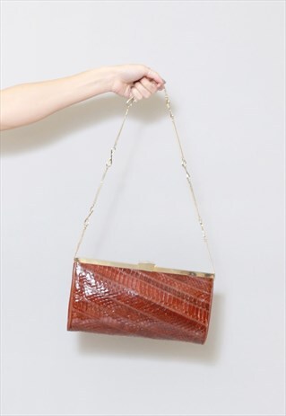 VINTAGE 1970'S BROWN FAUX SNAKE CHAIN STRAP BAG