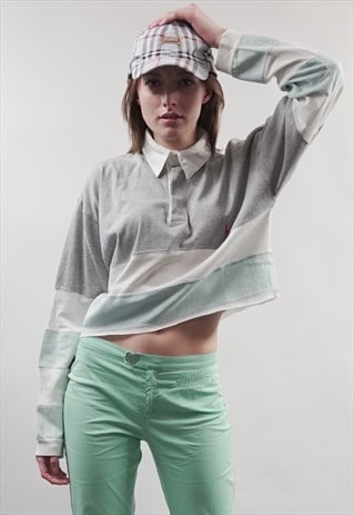 VINTAGE 90'S REWORKED RALPH LAUREN GREY/ PASTEL POLO TOP