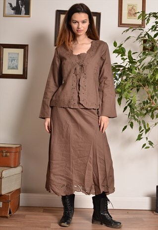 VINTAGE 90S VEST TOP SKIRT AND SHRUG COORDINATES IN BROWN