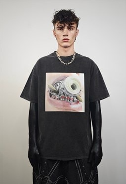 Crooked teeth t-shirt braces print tee hip-hop top acid grey