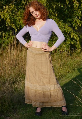 VINTAGE 90S LILAC FLORAL TIERED PEASANT PAGAN MAXI SKIRT